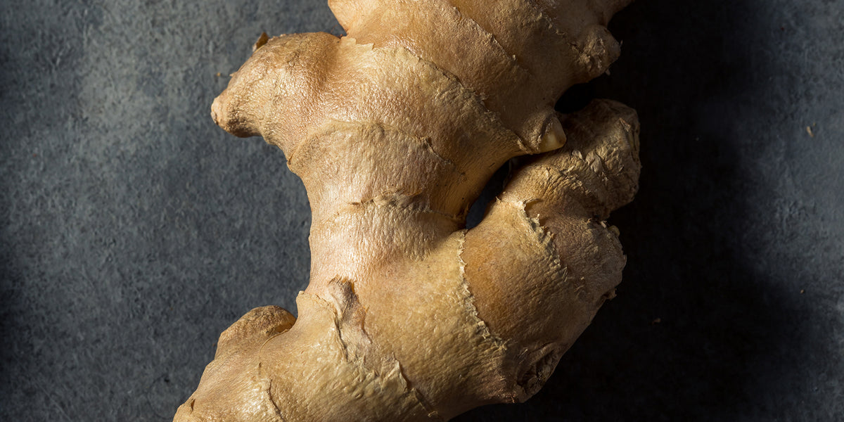 Ginger for Women’s Stress, Brain Health and Metabolism from Wile. ID: a lumpy brown ginger root on a charcoal grey background