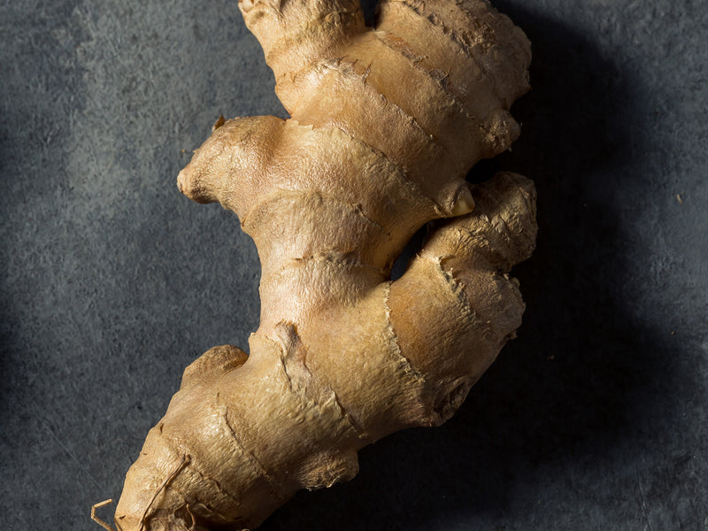 Ginger for Women’s Stress, Brain Health and Metabolism from Wile. ID: a lumpy brown ginger root on a charcoal grey background