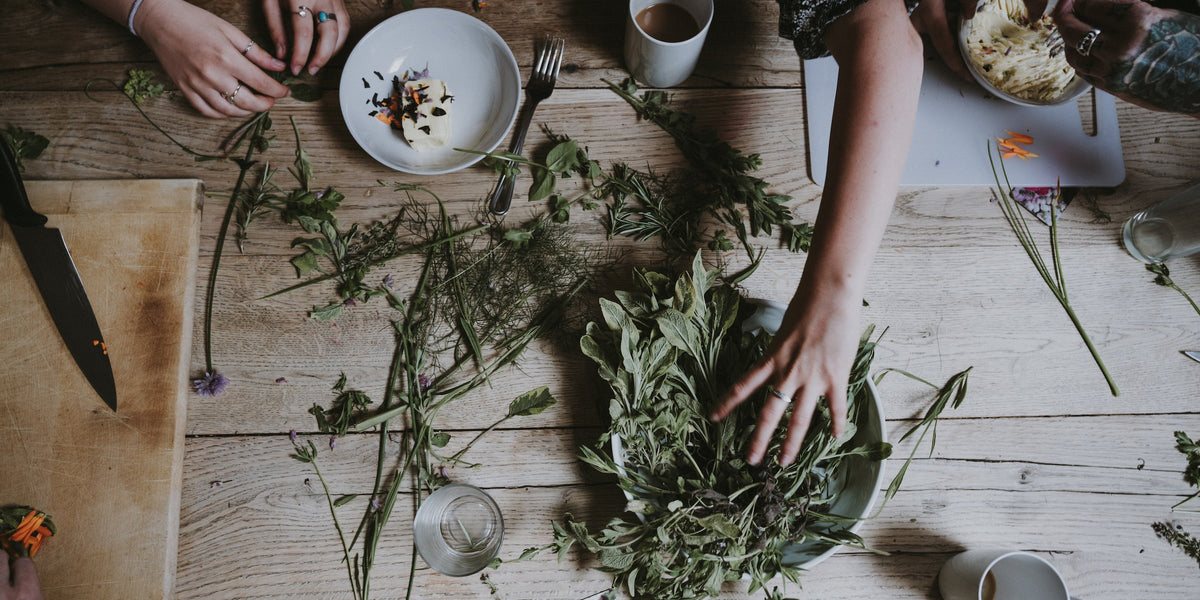 Nervines 101 from Wile, women's hands arranging herbs on a wooden table
