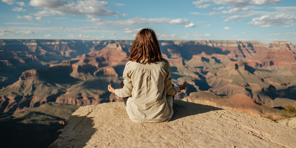 Understanding Your Body’s Stress Response from Wile, a woman meditates next to the grand canyon